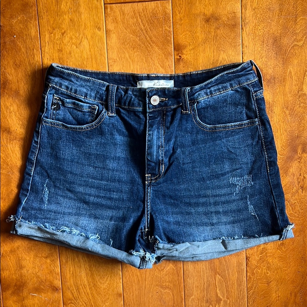 KanCan Dark Wash Frayed Cuff Denim Shorts 11 / 29 Distressed Mid Rise Casual - Picture 2 of 12